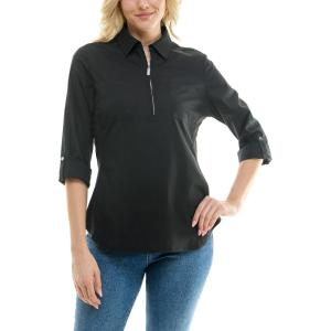imageZac ampamp Rachel Womens Pull on Shirt with Flexible Zipper Neckline and 34 Button Rolled Up SleeveBlack
