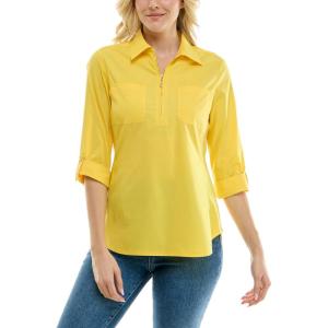 imageZac ampamp Rachel Womens Pull on Shirt with Flexible Zipper Neckline and 34 Button Rolled Up SleeveHabanero Gold