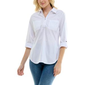 imageZac ampamp Rachel Womens Pull on Shirt with Flexible Zipper Neckline and 34 Button Rolled Up SleeveWhite