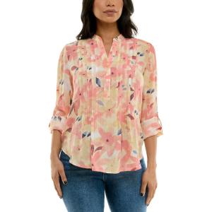 imageZac ampamp Rachel Womens 34 Sleeve LinenLike Blouse with Henley Collar and Pintucking DetailCoconut MilkCoral Sands