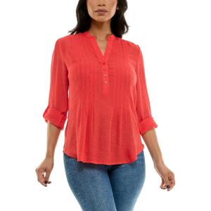 imageZac ampamp Rachel Womens 34 Sleeve LinenLike Blouse with Henley Collar and Pintucking DetailHibiscus