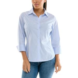 imageZac ampamp Rachel Womens 34 Sleeve Poplin Shirt with Fashion Details and Knit Insert for Comfortable FitChambray BlueWhite With Pearl Detail