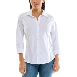 imageZac ampamp Rachel Womens 34 Sleeve Poplin Shirt with Fashion Details and Knit Insert for Comfortable FitWhite With Butterfly Embroidery