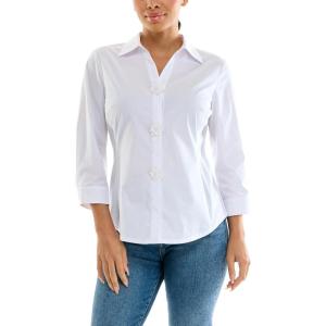 imageZac ampamp Rachel Womens 34 Sleeve Poplin Shirt with Fashion Details and Knit Insert for Comfortable FitWhite With Floral Button Detail