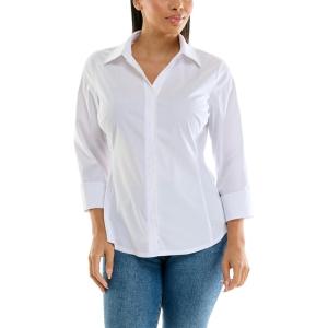 imageZac ampamp Rachel Womens 34 Sleeve Poplin Shirt with Fashion Details and Knit Insert for Comfortable FitWhite With Pearl Trim