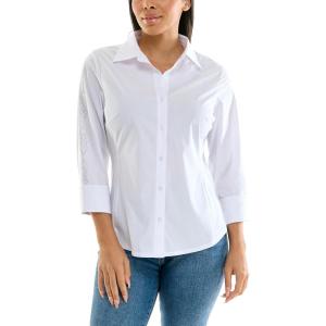 imageZac ampamp Rachel Womens 34 Sleeve Poplin Shirt with Fashion Details and Knit Insert for Comfortable FitWhite With Sleeve Rhinestone Heart Detail