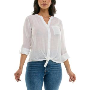 imageZac ampamp Rachel Womens Long Sleeve LinenLike Button Up Shirt with Front Tie  PocketBright White