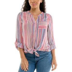 imageZac ampamp Rachel Womens Long Sleeve LinenLike Button Up Shirt with Front Tie  PocketBright WhiteDiffused Orchid