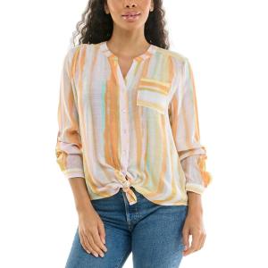 imageZac ampamp Rachel Womens Long Sleeve LinenLike Button Up Shirt with Front Tie  PocketBright WhiteHabanero Gold
