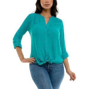imageZac ampamp Rachel Womens Long Sleeve LinenLike Button Up Shirt with Front Tie  PocketLapis