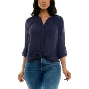 imageZac ampamp Rachel Womens Long Sleeve LinenLike Button Up Shirt with Front Tie  PocketNavy Blazer